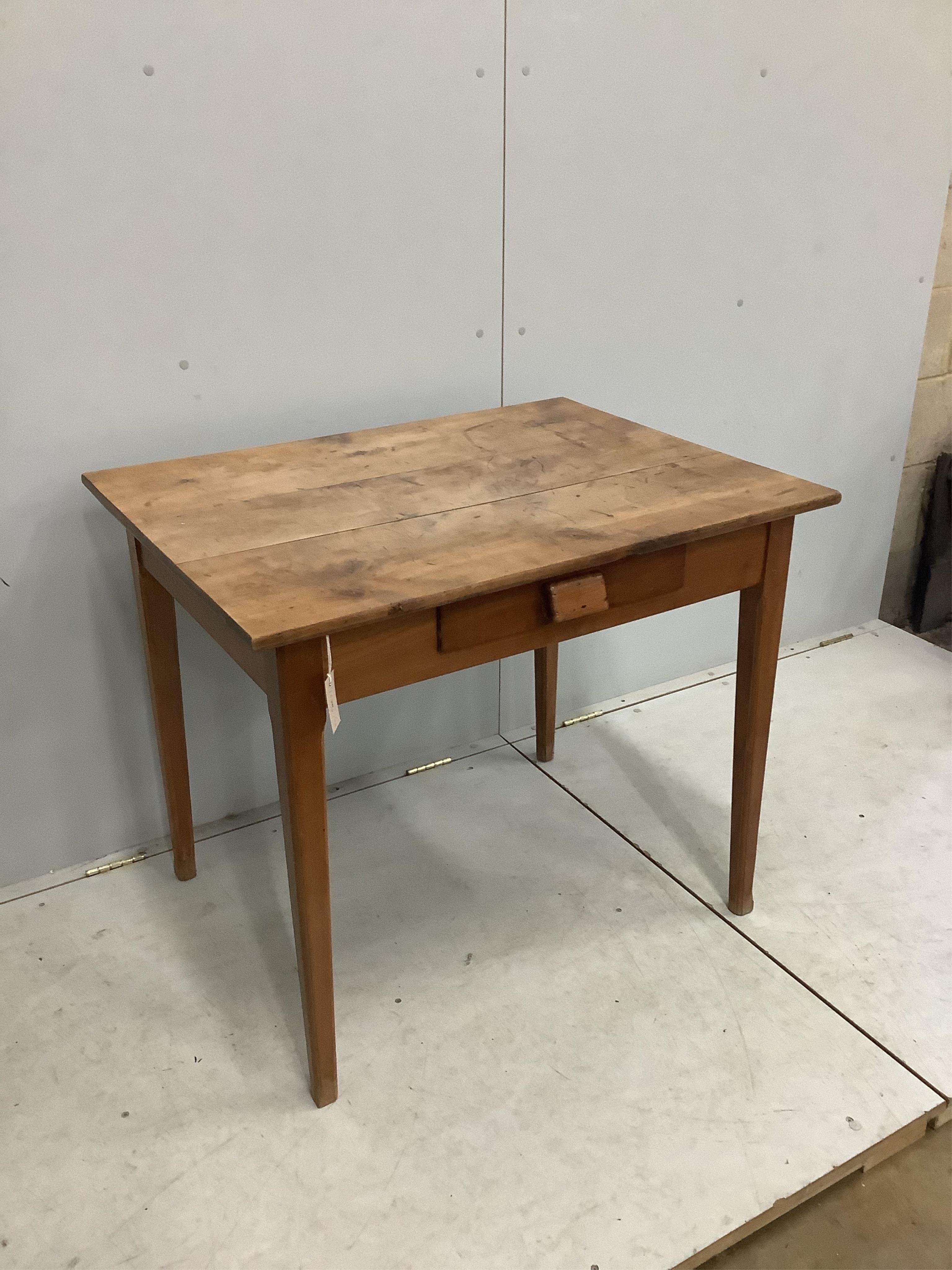 A 19th century French rectangular cherry side table, width 92cm, depth 69cm, height 77cm. Condition - fair